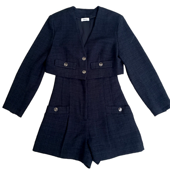 Sandro Seal Tweed Romper Black Long Sleeve Button Pockets V Neck 36 4 S - Picture 4 of 14